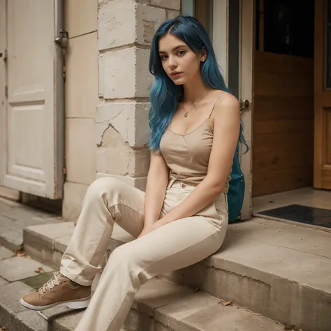 Girl Pale  Skin, Blue Hair, with Camisola, Beige Pants Bootcut