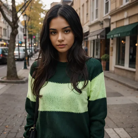 Girl Brown Skin Black Hair, with Green Knit Sweater