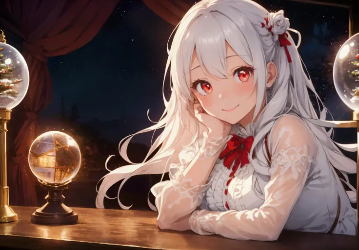 "Create an anime-style illustration featuring a woman with white hair, large red eyes, and a warm smile. and is wearing a lacy, vintage-style outfit with ruffled sleeves. The girl is resting her hand on a table, gazing at a magical-looking snow globe. Insi...