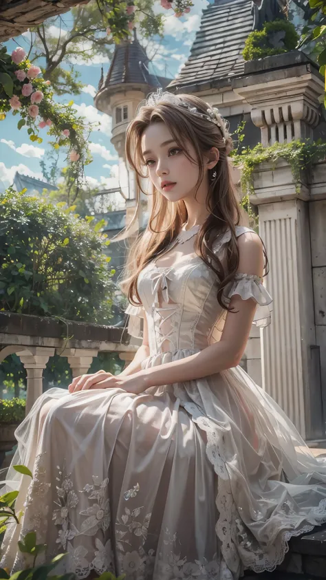 （8K， RAW photos， best qualtiy， tmasterpiece：1.2），（realisticlying， photograph realistic：1.4)
Lolita costume，Lace， Aerith Gainsborough， The upper part of the body， undergarments，exposed bare shoulders， do lado de fora， Old castle， high high quality， Adobe Li...