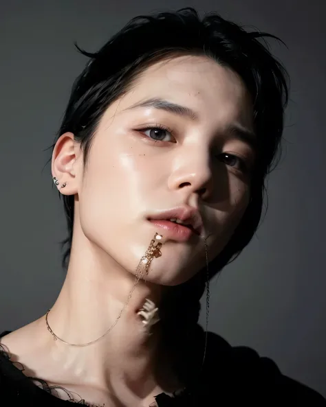 Jimin bts, parl jimin group bts. Bblack hair, peach skin and fox eyes, black dark locks, masculine face, fleshy lips 