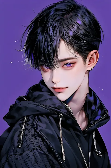 masterpiece, best quality, detailed eyes, high quaility, 1 male, male, 1 boy, gentle, soft, handsome, tall, black hair, purple e...