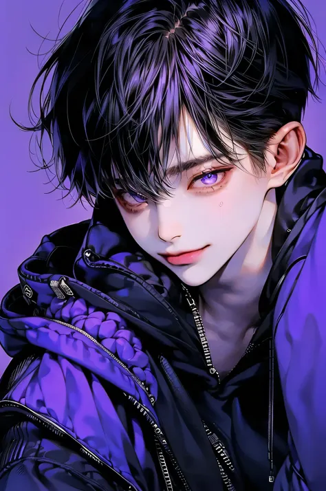 masterpiece, best quality, detailed eyes, high quaility, 1 male, male, 1 boy, gentle, soft, handsome, tall, black hair, purple e...