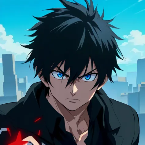 anime guy with black hair and blue eyes, Bravo, furious look,  perfect eyes, homem Bravo, Detailed lines, 