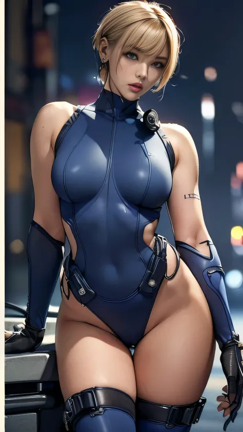 (A woman),(((A female member of the Future Force rides a motorcycle))),((Navy blue tactical high leg bodysuit:1.5)),(( Earphones:1.5)),((Tactical Holster:1.5)),(Gloves:1.5),(serious:1.5),(Super short hair:1.5),(Blonde:1.5),(beautiful eyes:1.3),(Very detail...