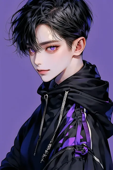 masterpiece, best quality, detailed eyes, high quaility, 1 male, male, 1 boy, gentle, soft, handsome, tall, black hair, purple e...