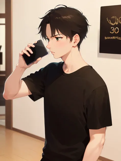 masterpiece, best quality, Japanese manga style, upper body, (looking away:1.5), side angle, (Talking on a smartphoneHolding in your hand:1.5), (30 year old male:1.5) and (short brown hair) and (green eyes), (Black) and (T-shirt), (confused:1.3), The backg...