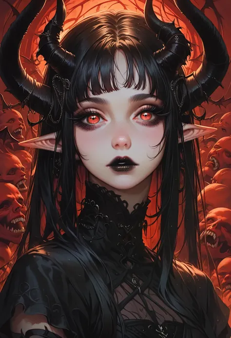 a beautifully detailed woman, succubus female, long black hair, elf ears, large eyes, red iris, long eyelashes, detailed facial ...