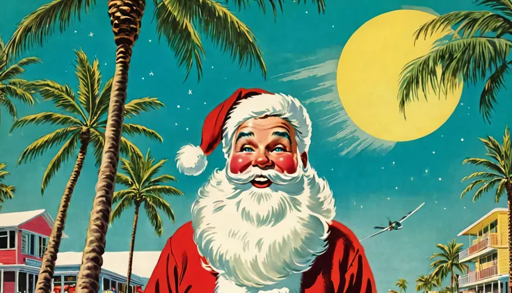  1950s,America,Raster-colored Santa,Illustration, palm trees
