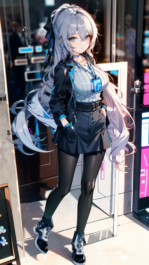 masterpiececolorful,The best quality in the best condition,alone,One Girl,boots,Green Eyes,High resolution,View your audience,Stand on your own two feet,White,(uniform:1.3),Put your hands in your pockets, Anime with long blue hair, white shirt and black sk...
