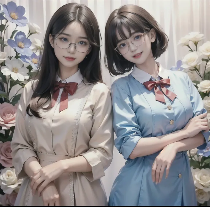 8K quality, Masterpiece, (Dazzling and fantastic lighting),  super real , High chroma, (Beautiful man with glasses), (Glasses 1.2), Whitening skin, brunette with bangs , (Big, bright blue eyes), (Crimson ribbon tie:1.2), Above chest, Three Piece, Flower Ga...