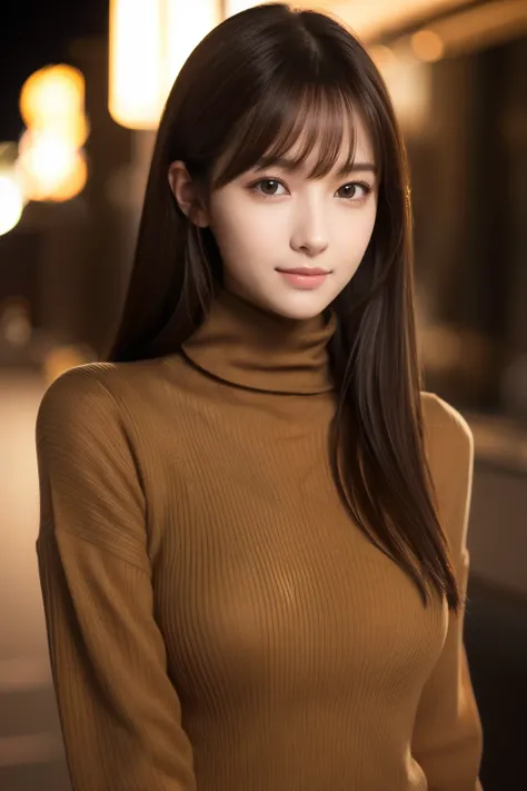 one 19 year old girl, (Dark yellow turtleneck thin sweater), Raw photo, highest quality, photorealistic, very delicate and beautiful, very detailed, 8K wallpaper, High resolution, soft light, very detailed目と顔, beautifully detailed nose, detailed and beauti...