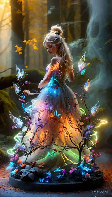 Neon，Glowing Neon, Desolate mysterious forest in fog，Beautiful girl with long white wavy hair，Stand in front，With wings，(wings formed by white Neon tracks)，Surreal，fantasy，Stunning，Vision，whole body，Screen，photo，Surrealism