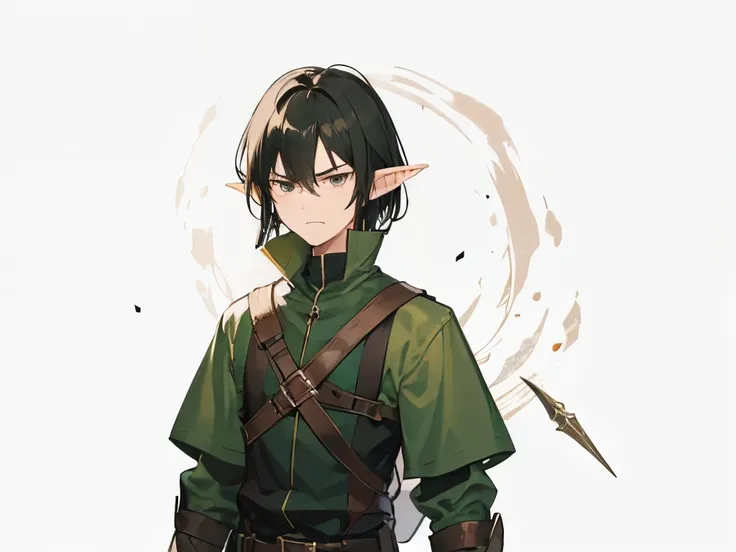 1boy,black hair, adventurers brown shoes, holding a weapon, elf tribe, elf ears, mans frowning face, high resolution, high lighting , Cell sharing, standing pose, sullen facial expression , yandere