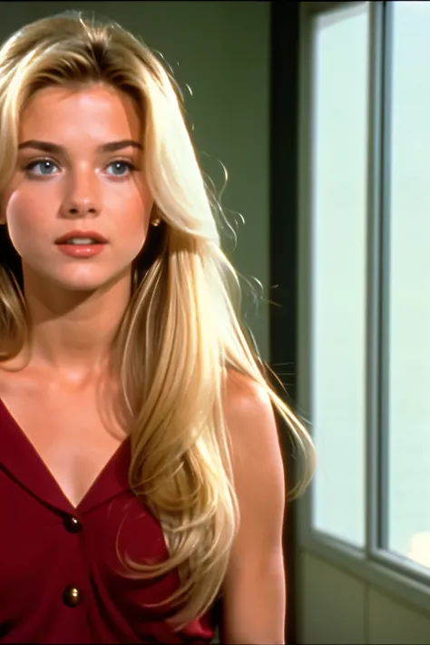 1991 movie film still, beautiful girl, long blonde blowdry hair, caught off guard in building