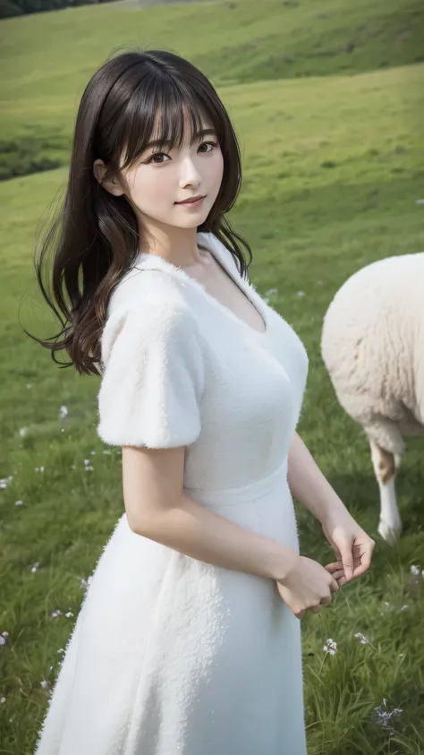 A beautiful Japanese girl wearing a white dress stands side by side with a sheep in a serene setting. The image should be incredibly realistic, capturing fine details in both the woman and the sheep. The scene is set in a lush green meadow, with a clear ni...