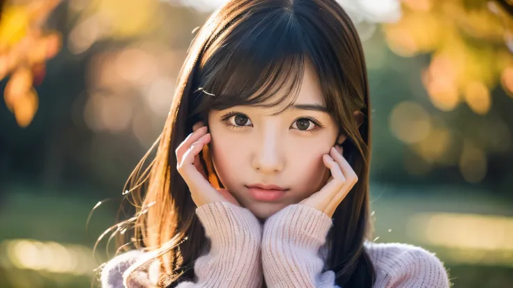 a beautiful young japanese girl with long straight black hair making a heart shape with her hands, crying with tears in her eyes, wearing a long sleeve pink blouse, a lace mini skirt, and looking very cute, in a park with autumn foliage, (best quality, 8k,...