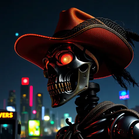 cyberpunk personage,skeleton robot cowboy sheriff,mysterious dark background,neonlight,cybernetically enhanced,weapons of the fu...