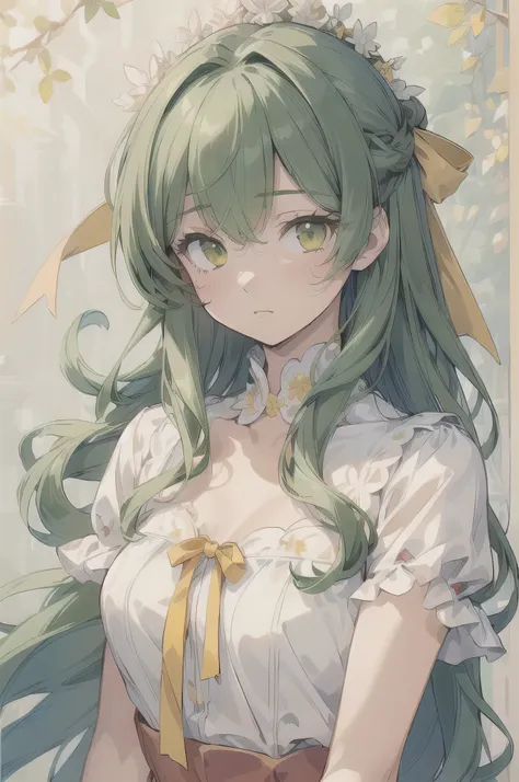 (((masterpiece))), (((Best Quality))), ((Super detailed)), (Illustration), (( very delicate and beautiful)), ((  super detail)), (( high resolution on down)), (( one girl playing pranks)),( upper body),(green hair),(long hair),( red dress , yellow ribbon )...