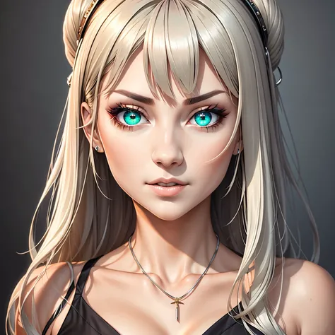 masterpiece, best quality, 8K, female, neutral, looking at viewer, blunt cut, semi long, silver hair, irisless eyes, confused eyes, shiny skin, skinny, black blouse, necklace, delicate facial features, gradient white background, dark atmosphere, soft-edged...