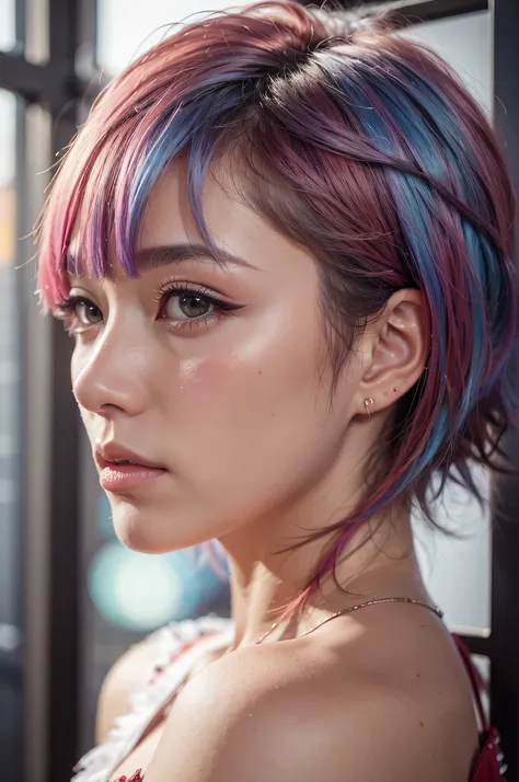 a close up of a woman with a colorful hair and a red dress, Portrait of a woman like Leol, colorful pigtail,  Anime style mixed with Fujifilm, Anaglyph Effect Kojima Ayami ,  Amazingly beautiful anime face portraits, colorful]」, Bright colored hair stripes...