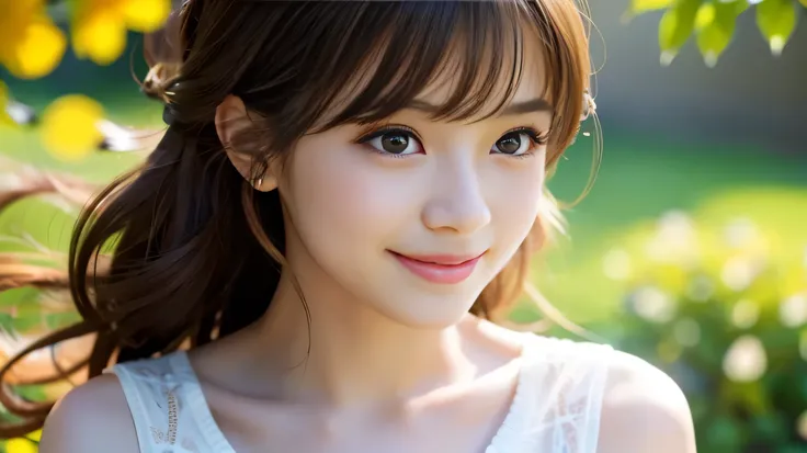 （ 1 girl:1.2），(8k, Best Quality, masterpiece), (Realistic,  photorealistic:1.37), Super detailed, Adorable, solo,  cute Japanese woman,  brown hair,With bangs, curly,  shoulder hair ,  beautiful and delicate eyes ,The eyes tell the story of a smiling face，...