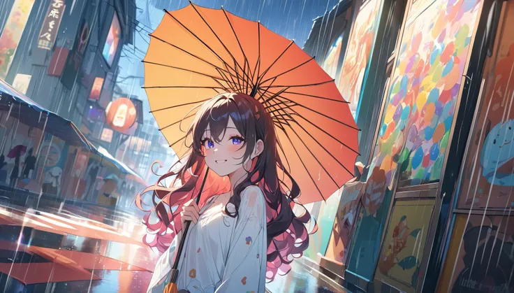 One Girl、(Delicate appearance:1.1)、(Porcelain Skin:1.2)、Long wavy hair、(With a colorful umbrella:1.3)、(A happy look:1.2)、(Eyes enjoying the rain all around:1.1)、Small breasts、break  
(soft light:1.1)、(Bright colors:1.2)、(Fun in the rain:1.1)、Convivial atmo...