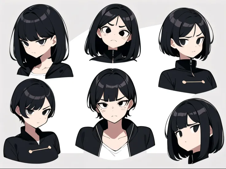 short bob, black hair, black eyes, slant eyes, round face, high teen, bad mood make vector avatars