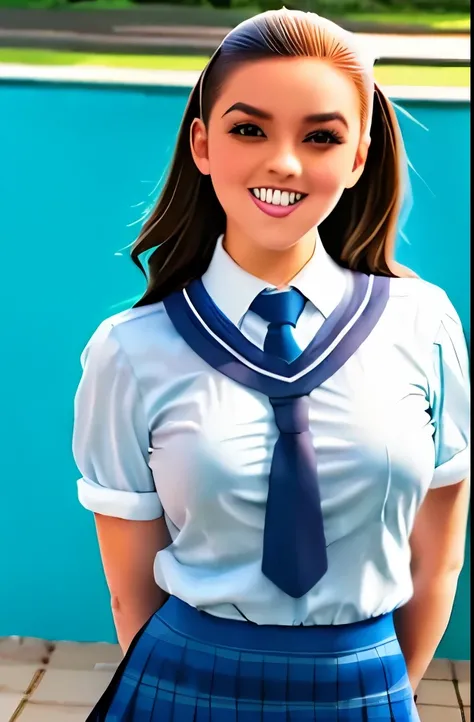 a close up of a woman in a skirt posing for a picture, dressed as schoolgirl, cute schoolgirl, hyperrealistic schoolgirl, realistic schoolgirl, a hyperrealistic schoolgirl, of a schoolgirl posing, school girl, wearing headmistress uniform, wearing school u...