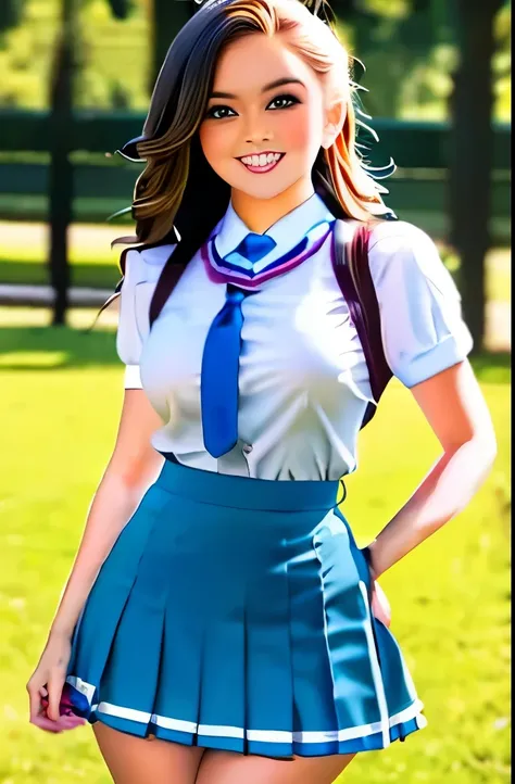 a close up of a woman in a skirt posing for a picture, dressed as schoolgirl, cute schoolgirl, hyperrealistic schoolgirl, realistic schoolgirl, a hyperrealistic schoolgirl, of a schoolgirl posing, school girl, wearing headmistress uniform, wearing school u...