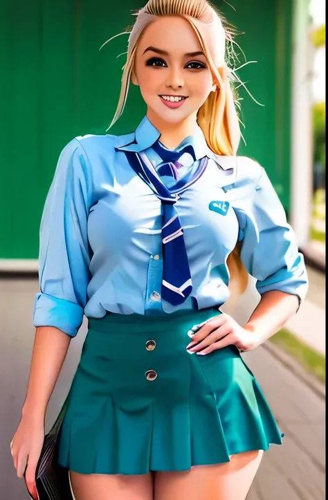 a close up of a woman in a skirt posing for a picture, dressed as schoolgirl, cute schoolgirl, hyperrealistic schoolgirl, realistic schoolgirl, a hyperrealistic schoolgirl, of a schoolgirl posing, school girl, wearing headmistress uniform, wearing school u...