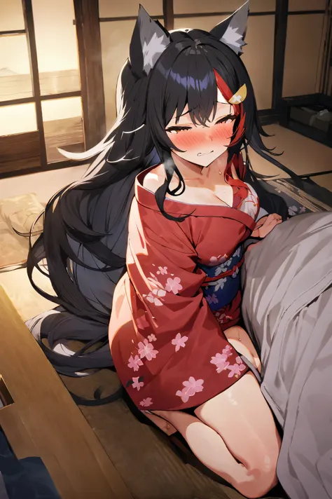 nsfw,masterpiece,best quality, high resolution on down, very detailed,ogami mio \( hololive \), very long hair,black hair,wolf e...