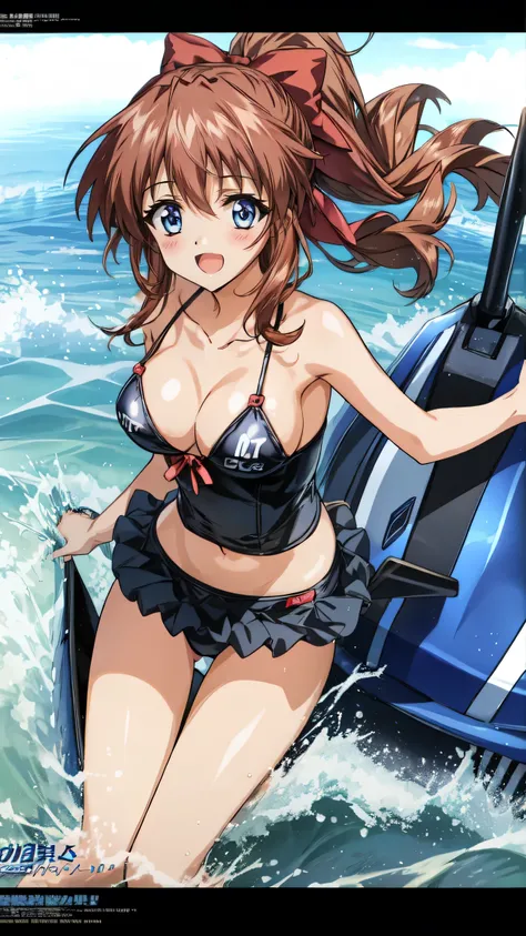   Anime Illustration  , 1 person,    hair bow、  Ride a Jet Ski   　  transparent micro bikini　　  magazine cover　Dazzling Smile