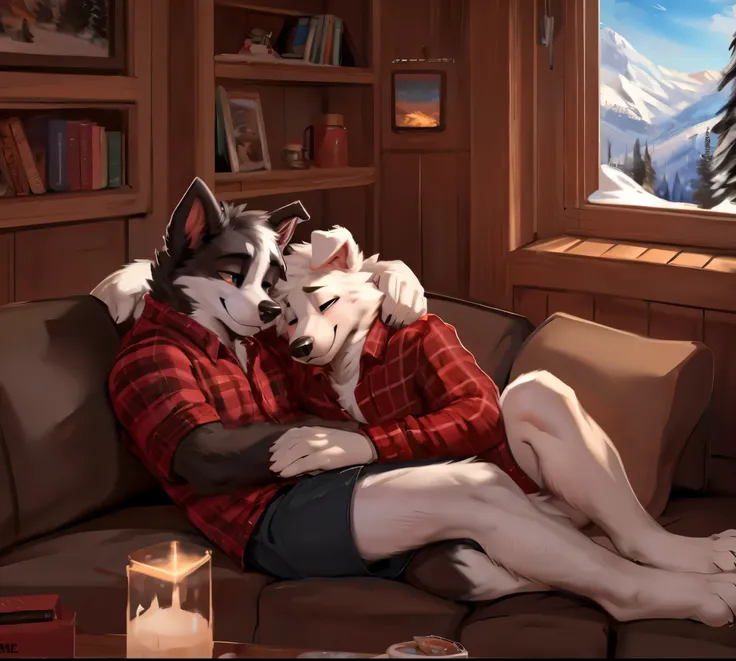 Anthro, duo, border collie wearing flannel shirt and plain white dog wearing t shirt, winter, cuddling, border collie’s head in white dog’s lap, cabin, winter cabin, detailed, cozy, by zackary911, by braeburned, by chunie, laying down, couch, looking at ea...