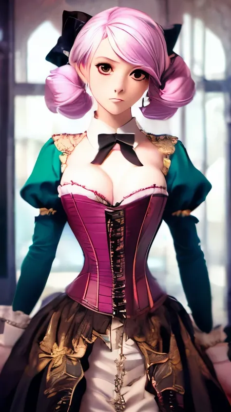 a woman in a corset dress, steampunk beautiful anime woman, baroque visual kei decora art, 