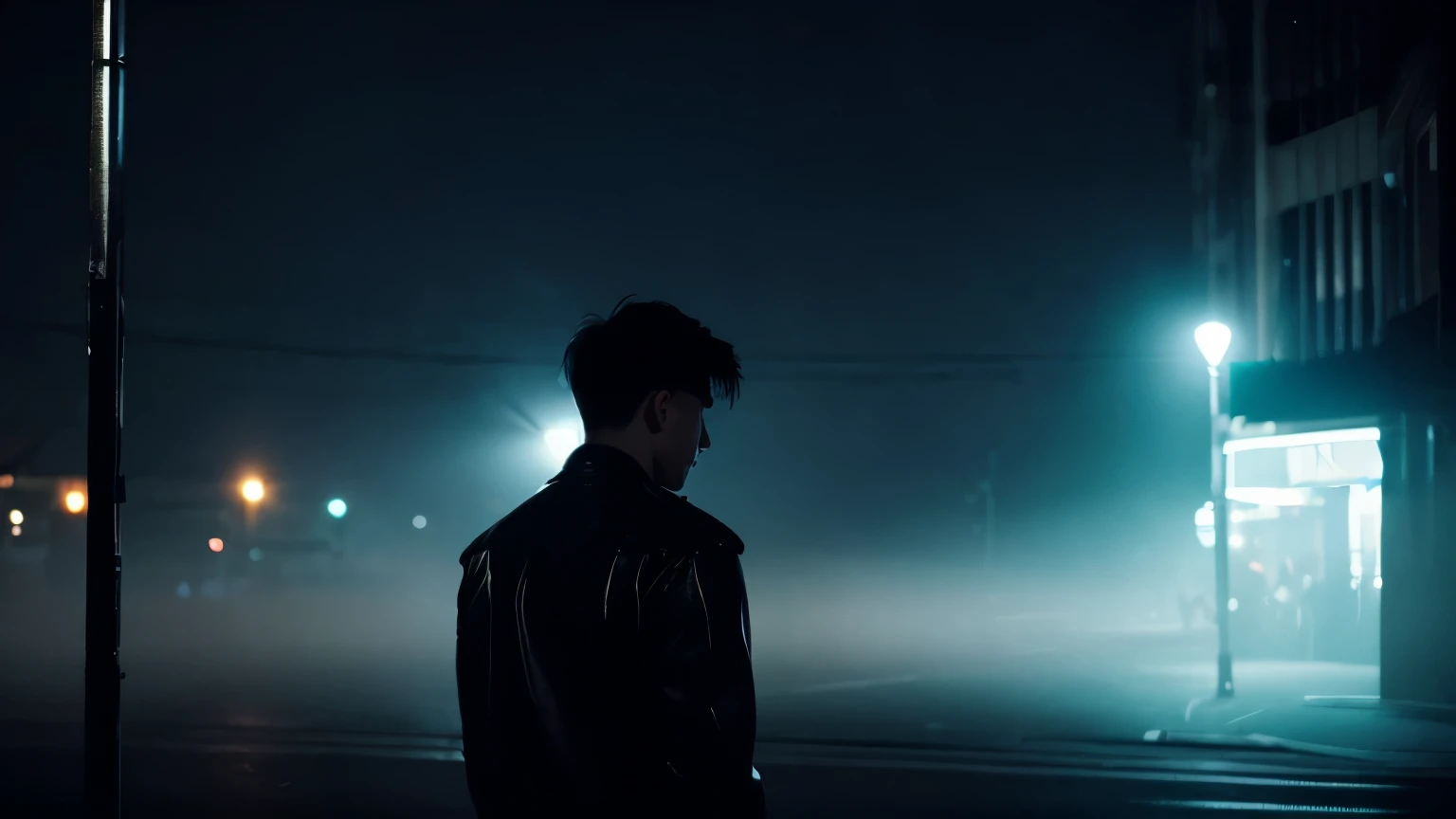 An atmospheric scene featuring a male vocalist performing under a dim spotlight, surrounded by shadows in a mysterious nighttime setting. The background is a dark urban landscape, with soft fog and subtle moonlight filtering through. The singer wears a sle...