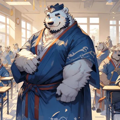 New Jersey 5 Pelzig，polar bear，portrait， standing alone ，Exquisit， pummelig，Fat，thick arms， Sturdy muscles ，White plush fur， chubby ，  black eyebrows  ， sky blue eyes ，bart，School， teacher in the Qing Dynasty，Scholar hat ，Robe， lupin towel ，smile