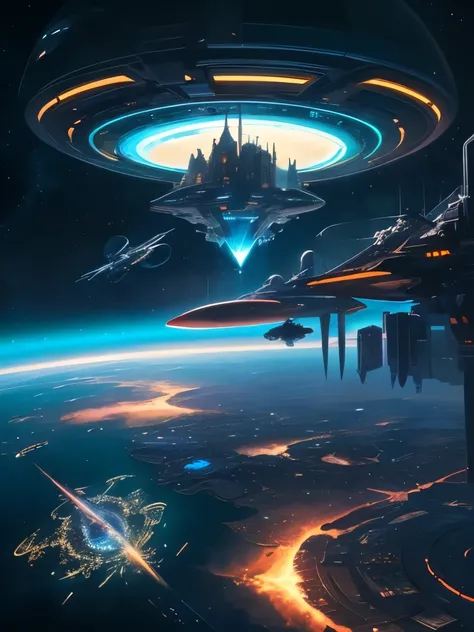 spaceship flying over a planet with a star in the background, futuristic orbital station!!!!, futuristic space station, space elevator, futuristic space port, floating city in the sky, scifi space station, inspired by Stephan Martiniere, futuristic scifi, ...