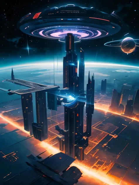 spaceship flying over a planet with a star in the background, futuristic orbital station!!!!, futuristic space station, space elevator, futuristic space port, floating city in the sky, scifi space station, inspired by Stephan Martiniere, futuristic scifi, ...