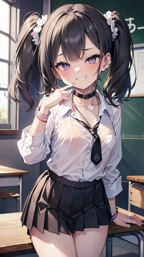 ((masterpiece、Best Quality、 very detailed))、 one girl playing pranks、improve、Black Hair、 long hair、twintails、Grey Eyes、evil smile、(( clench teeth))、((lots of piercing))、 small breasts、(( white collared shirt ))、((clavicle))、 necklace 、 Bracelets、(( black p...