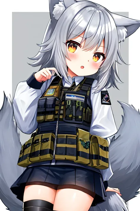 soldier, wolf ears, wolf tail, silver hair, black tactical vest, loli, bulletproof vest, chibi character、ソロ