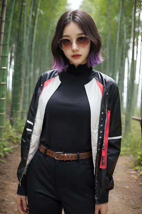 Master Part, Best Quality Keeper, Higher, 1girll, Located in a bamboo forest,In the background is a huge bright moon, Shinobu Kocho, butterfly hair ornament, Purple eyes, multicoloured hair, Short hair, Detached strips, Outerwear, long sleeves, Black pants...