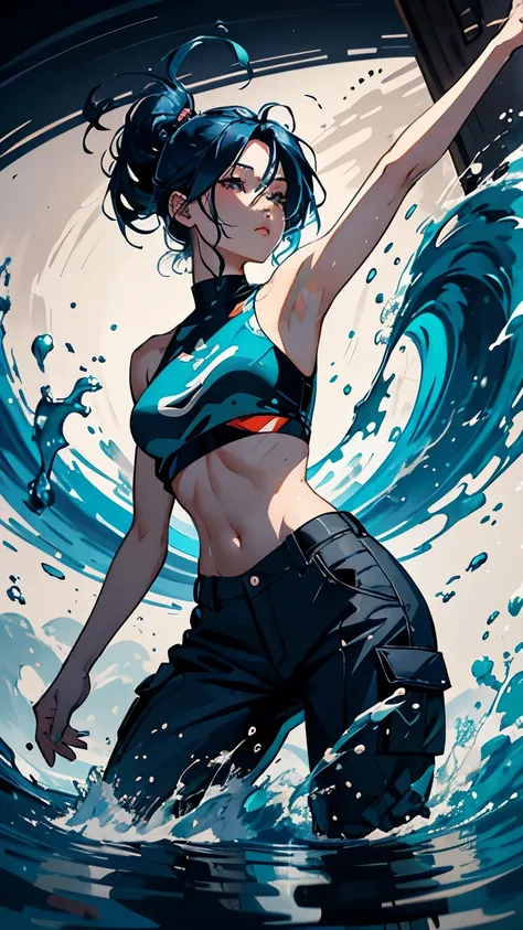 Award-winning Samdo art style、Wearing a crop top and cargo pants、Dark blue teal hair style with head movement、Half-body portrait of a beautiful woman with flowing hair。,  paint splashes , Splash, Overtake, Vaporware, Flat illustration with shadow,  digital...