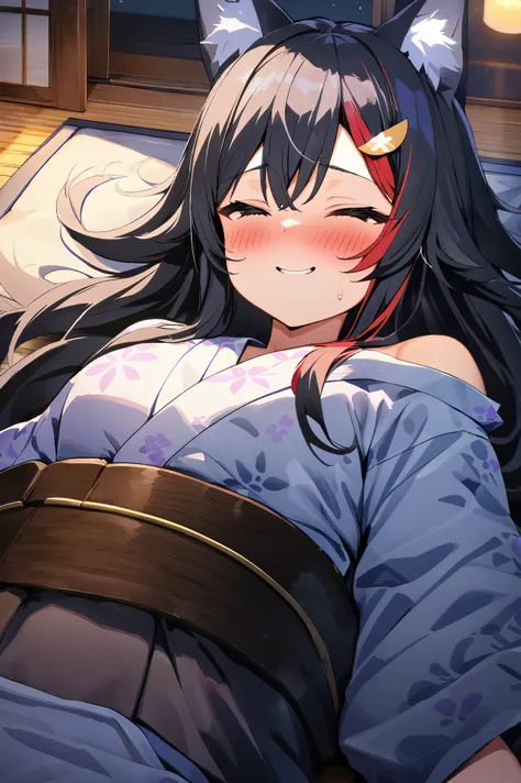 NSFW,masterpiece,Best Quality, high resolution on down, very detailed,Ogami Mio ( hololive ), very long hair,Black Hair,Wolf Ears,Hair accessories、kimono,yukata, off the shoulder,Inn at night,Japanese-style room, moonlight,table, Japanese sake ,futon,blush...