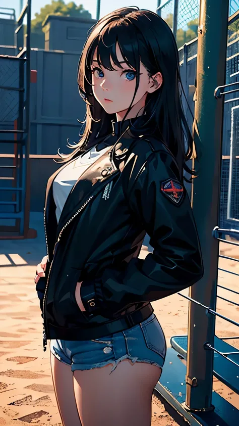  1 girl,masterpiece, (8k, Best Quality, masterpiece:1.2), Very Detailed,Super detailed,Master Class,Best Quality,Illustration,hair_between_eye,perfect lighting,  cowboy shot , CV16, black jacket