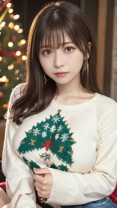 8k high definition quality、Christmas decorated room、Christmas Sweaters, Cute Sweater、Denim jeans、Christmas cake displayed on the table 、 glamorous and cute high school girl with big breasts、