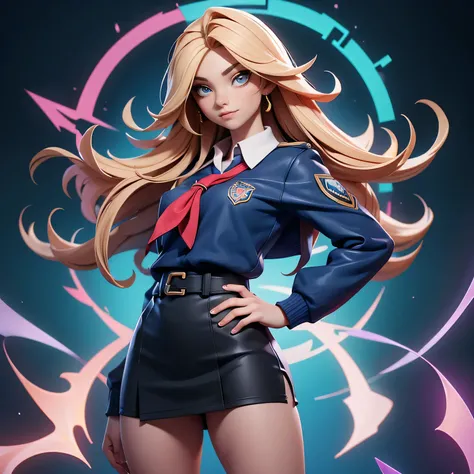 Q-версия фигурки Вай из League of Legends,  in school uniform , buttocks and thighs are visible, costs, one hand on hip,  legs apart, full view,