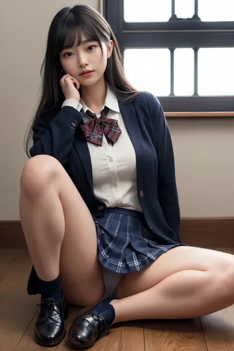  masterpiece、(Best Quality:1.4)、1girl、(nsfw)、Super detailed　Black Hair　18years old、 Japanese schoolgirl uniform 、Navy Blue Blazer、Formal Blazer、 cardigan with front closure、ブレザーの下に cardigan with front closure、cardigan on blazer、button、Layering、Tie ribbon　N...