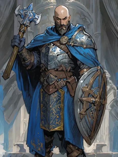 "human paladin, silver steel armor, blue cape, bald head, no hair, hairless, dark brown beard, shield, he is holding an axe in one hand. Best quality, (masterpiece), ( methurlant), comic, y2k animation, intricate detail, smooth, perfect face, long hair, ci...