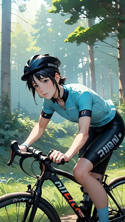 (bicycle: 1.5), (realistic bicycle: 1.5), (REAL CYCLISTS : 1.5),  CYCLISTS RETURN TO THE Foreground, Lo-fi landscape, nature, sun, forest,  Cutting down berets  , undergrowth,  landscape background ,  Shadow, Contrast, Makoto Shinkai (Best Quality:1.3), ( ...